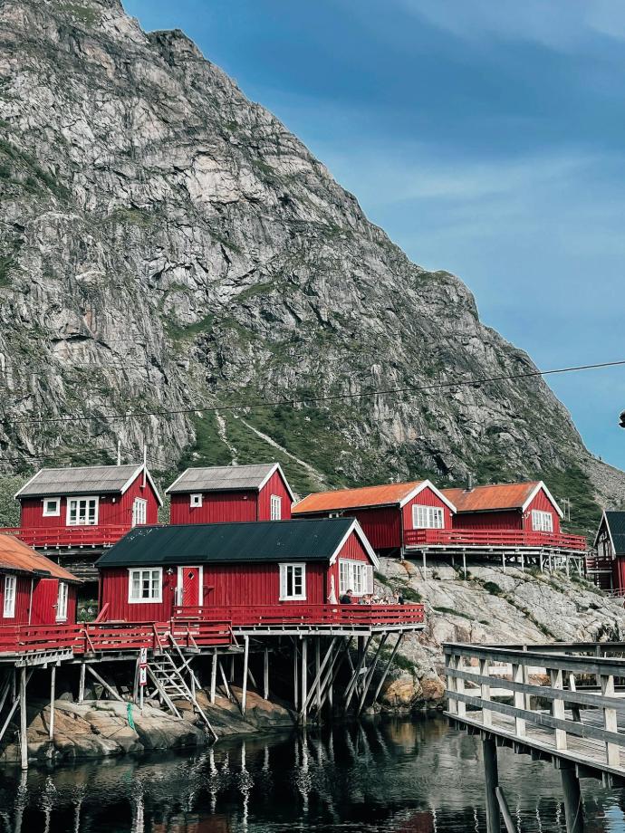 A group of red houses sitting next to a mountain